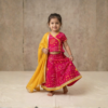Fuschia Bandhej Lehenga Choli for girls full view with yellow dupatta