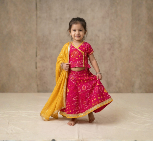 Fuschia Bandhej Lehenga Choli Set for Girls