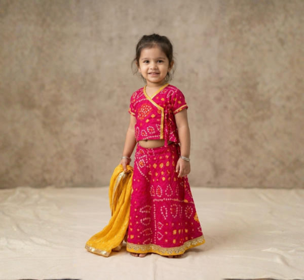 Fuschia Bandhej Lehenga Choli Set for Girls hover view