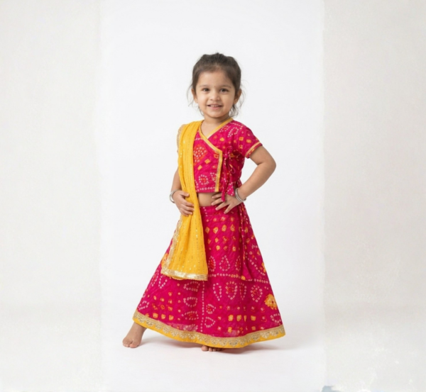 Fuschia Bandhej Lehenga Choli for girls full view showing short-sleeved choli