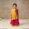 Fuschia Bandhej Lehenga Choli for girls front view showing Bandhej pattern and golden border