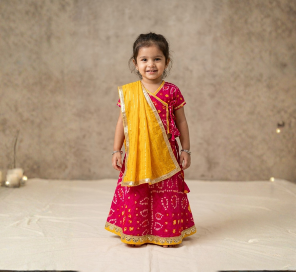 Fuschia Bandhej Lehenga Choli for girls front view showing Bandhej pattern and golden border