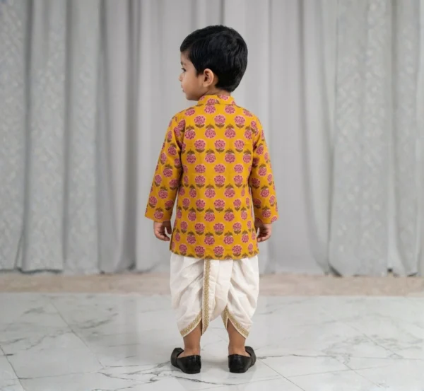 Mustard Dhoti Kurta for boys back view showing printed kurta and white dhoti