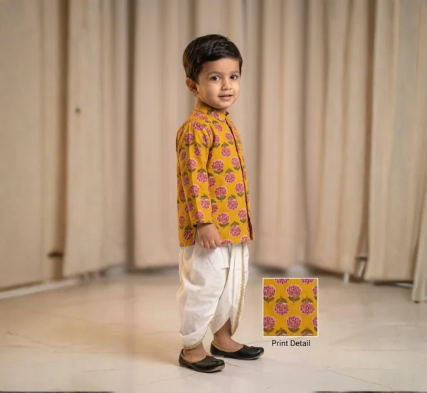 Mustard Dhoti Kurta for boys side view showing long sleeves and white dhoti