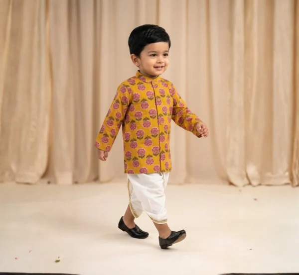Mustard Dhoti Kurta for boys walking view with printed kurta and dhoti