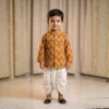 Mustard Dhoti Kurta print detail showing repeating pink and purple motif