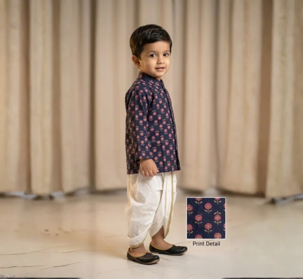 Navy Blue Dhoti Kurta for boys side view showing printed kurta and white dhoti