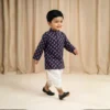 Navy Blue Dhoti Kurta for boys walking view with printed kurta and dhoti