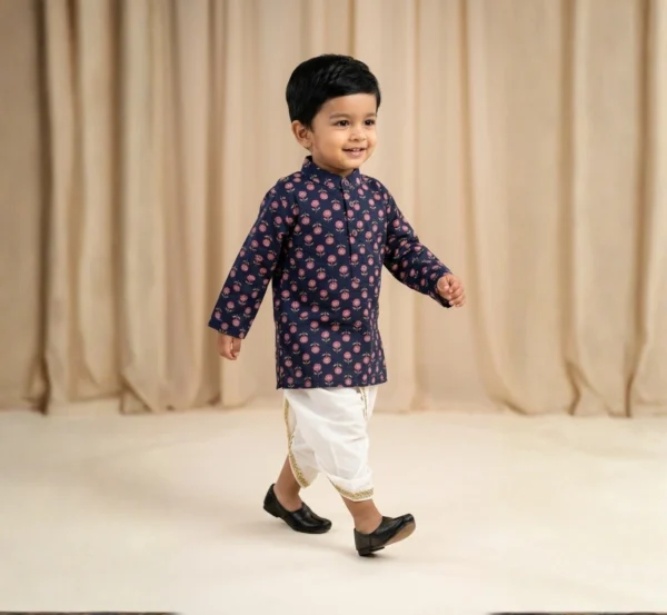 Navy Blue Dhoti Kurta for boys walking view with printed kurta and dhoti