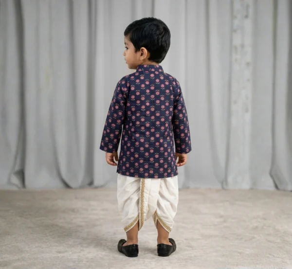 Navy Blue Dhoti Kurta for boys back view with printed kurta and white dhoti