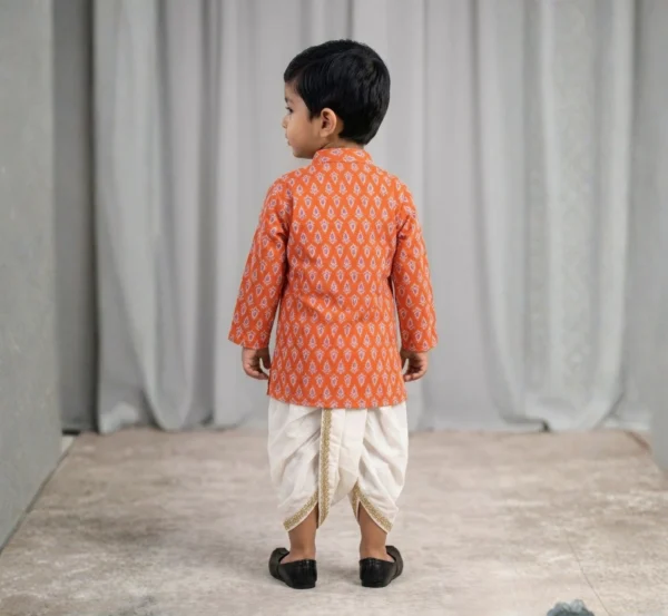 Orange Dhoti Kurta for boys back view showing printed kurta and white dhoti