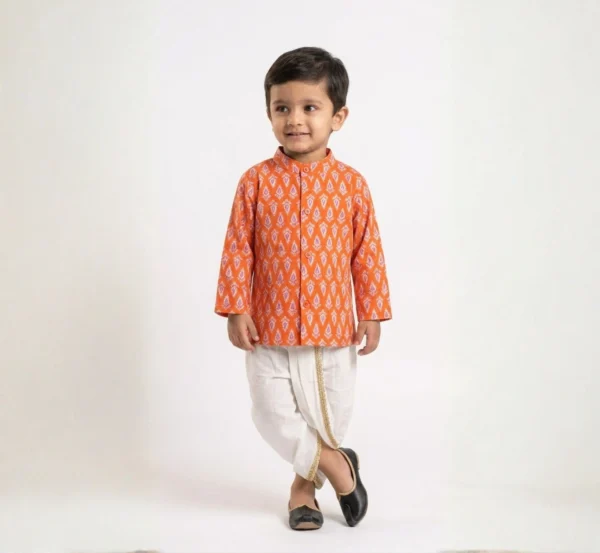 Orange Dhoti Kurta print detail showing repeating geometric motif on kurta