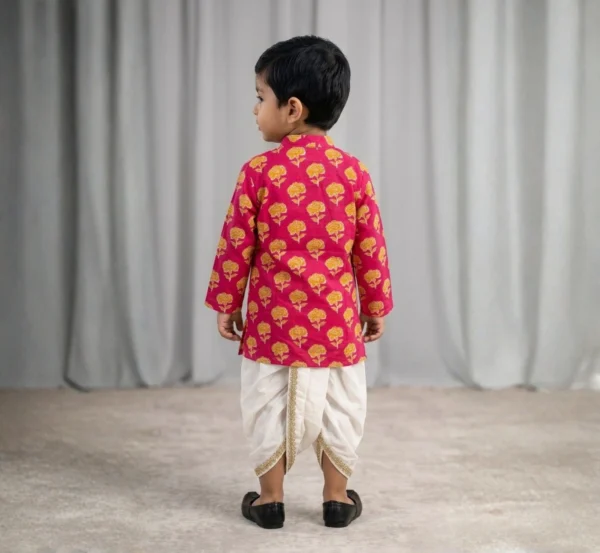 Peach Dhoti Kurta for boys back view showing printed kurta and white dhoti