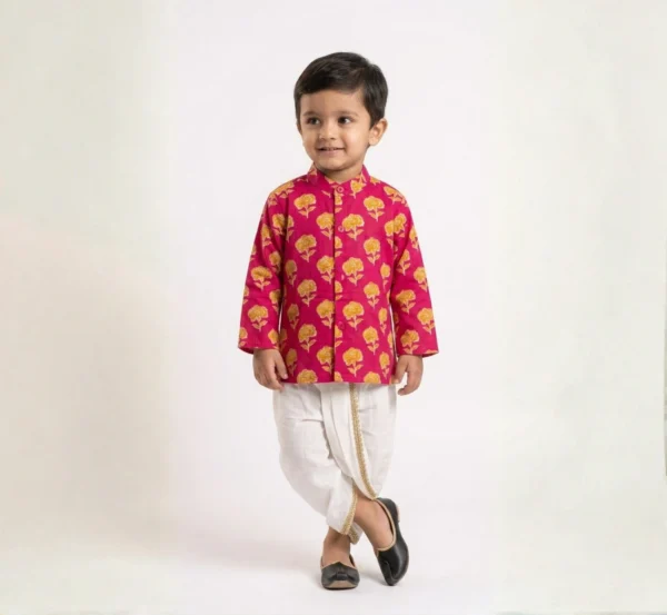 Peach Dhoti Kurta for boys front view with stand collar and buttoned kurta