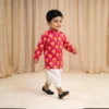 Peach Dhoti Kurta for boys walking view with floral printed kurta and dhoti