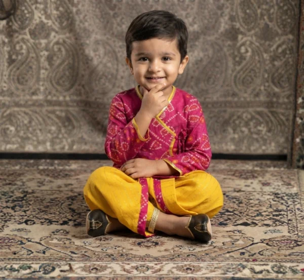 Festive Fuchsia Bandhej Angrakha Dhoti Set for Boys hover view