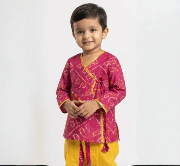 Fuchsia Bandhej Angrakha with Dhoti for boys close-up, wrap front and yellow edging