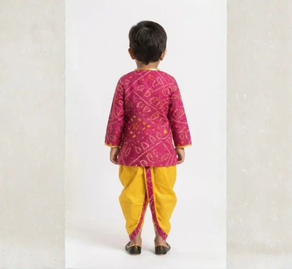 Fuchsia Bandhej Angrakha with Dhoti for boys back view, yellow Dhoti and patterned top