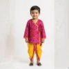 Fuchsia Bandhej Angrakha with Dhoti for boys front view, yellow edging and side ties