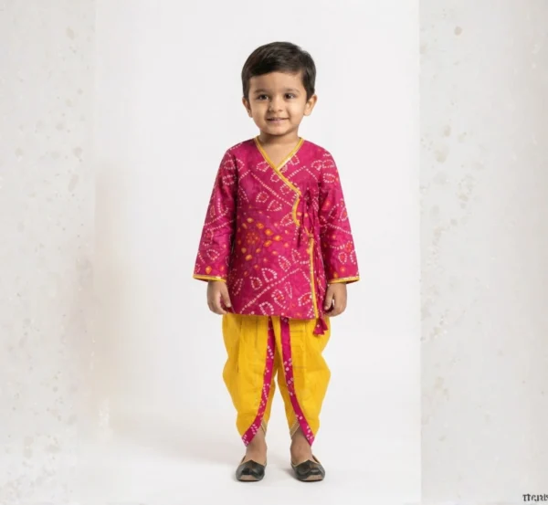 Festive Fuchsia Bandhej Angrakha Dhoti Set for Boys