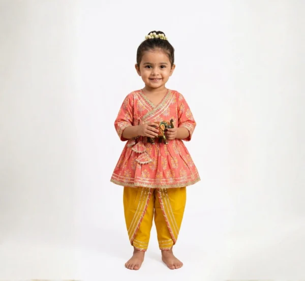 Charming Peach Angrakha Dhoti Set for Girls