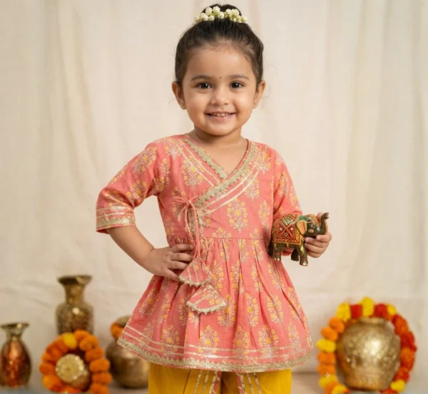 Charming Peach Angrakha Dhoti Set for Girls hover view