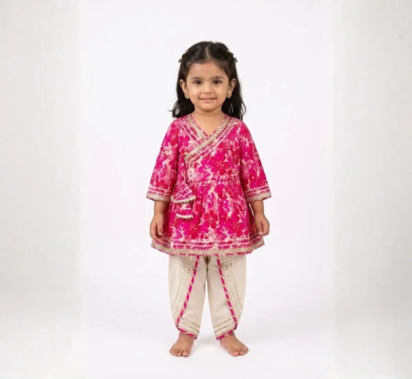 Fuchsia Angrakha Dhoti Set for Girls hover view